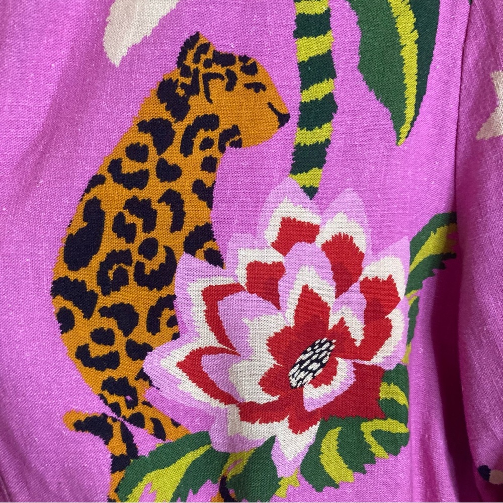NEW FARM Rio Pink Leopard Forest Mini Dress Linen Blend Beaded Tassels Flowy XL - Picture 8 of 15